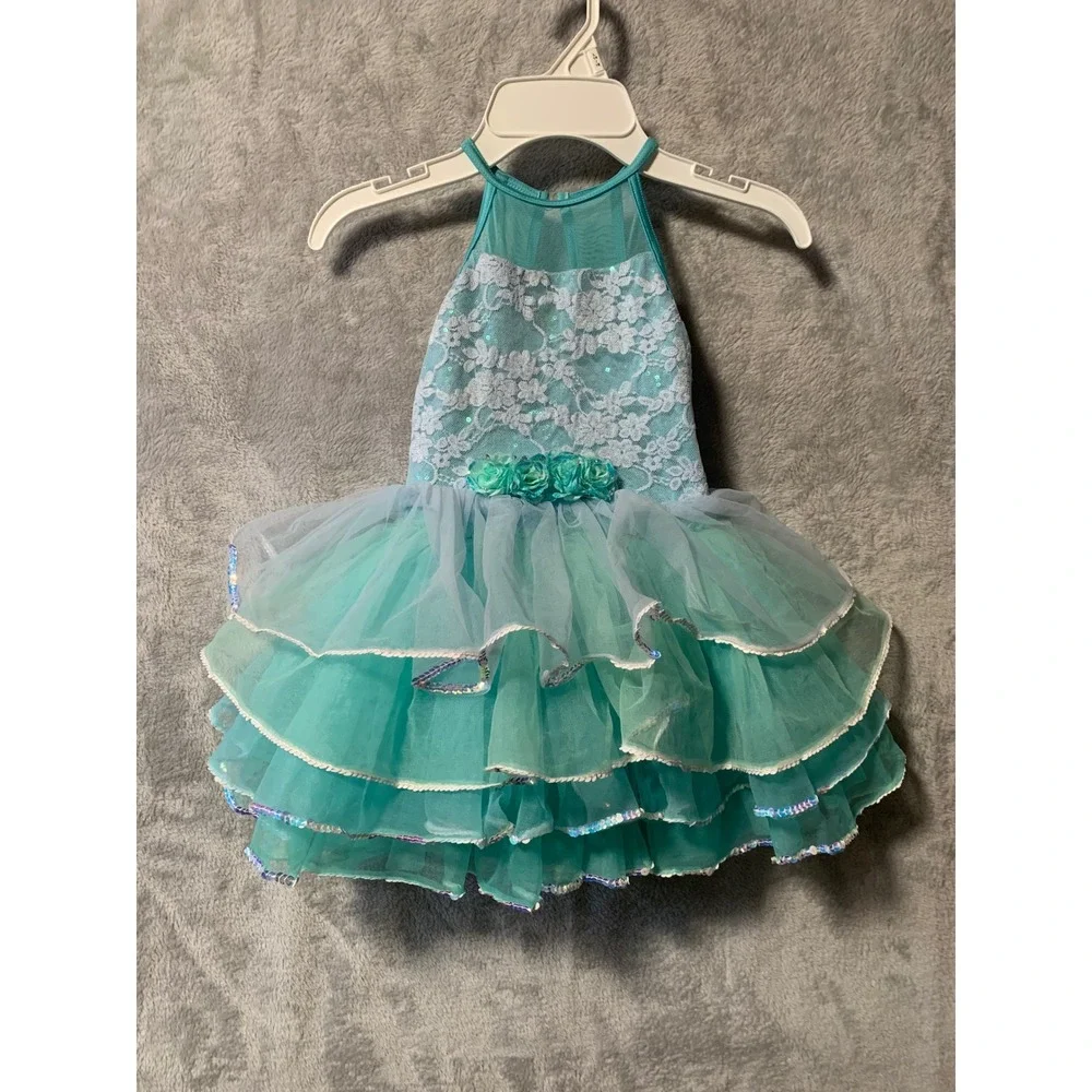 Weissman Kids Turquoise Aqua Lace Sequin Tutu Dance Costume Dress 13493 Size SC